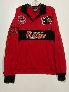 Y2K Calgary Flames Long Sleeve Rugby Polo - Red & Black